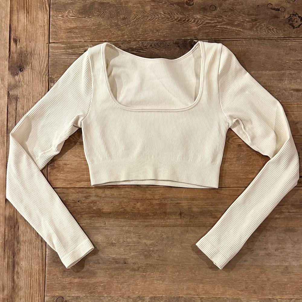 Cream Ribbed Long Sleeve Top